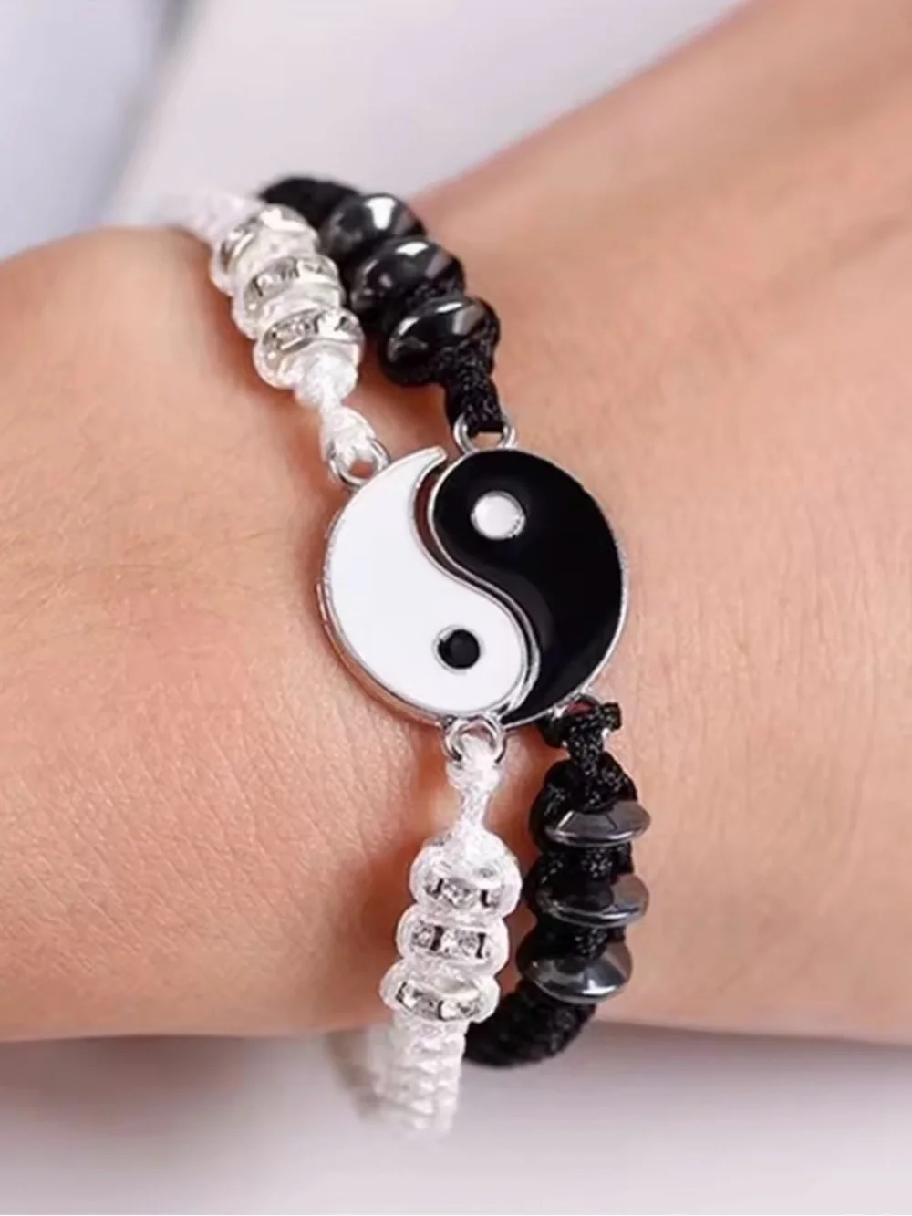 Yin Yang Black and White Adjustable Friendship Bracelet Set